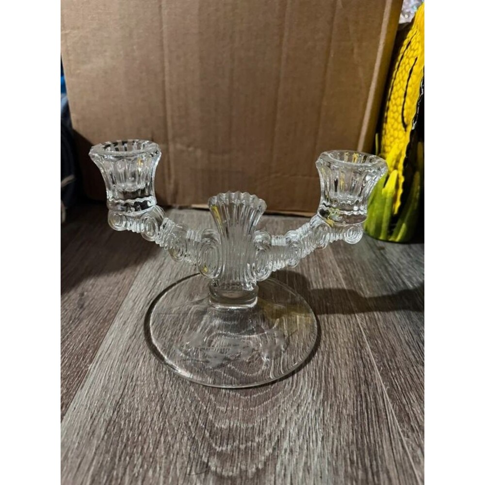 Vintage Paden City Glass Largo Double Candlestick Holder, Clear Depression Glass
